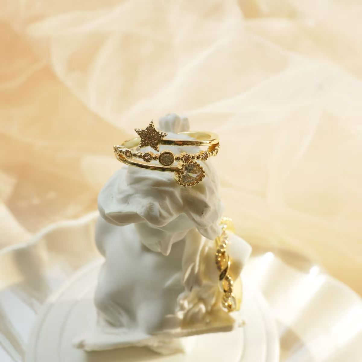 2pc Heart & Star Ring For Women, Fashion Light Luxury, Niche Unique INS Style, Trendy Open High-End Index Finger Ring