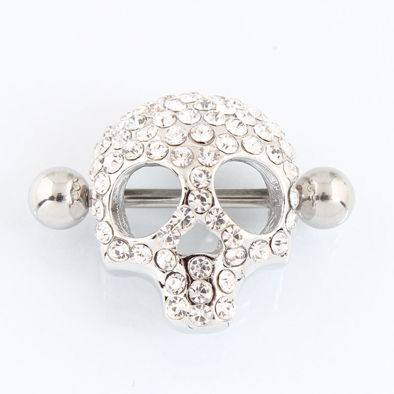 Anti-Allergy Medical Stainless Steel Rod Human Body Piercing Golden Skull Rhinestone Nipple Ring