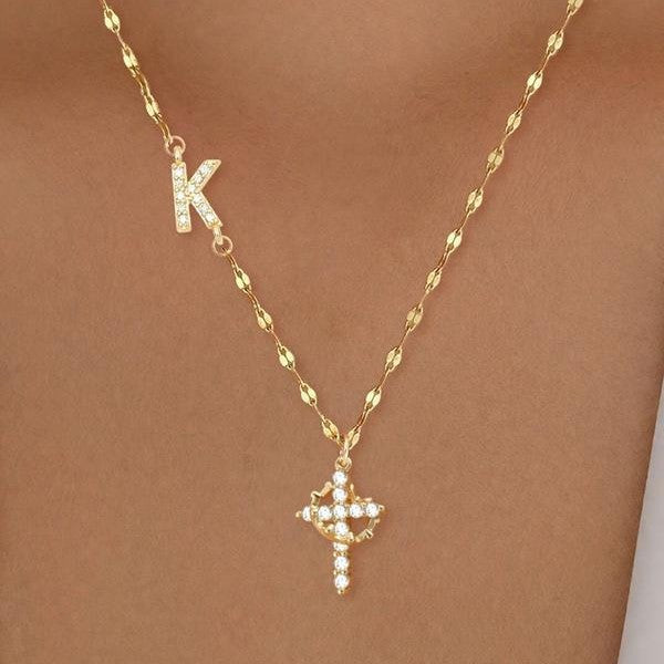 Geometric Zircon-Inlaid Cross Necklace Design