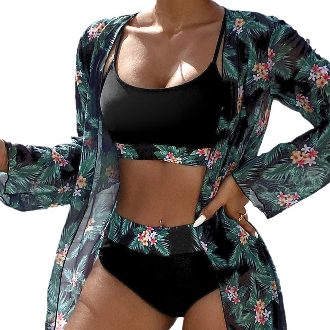 Fashionable Maple Leaf Halter Low-Waist Three-Piece Swimsuit