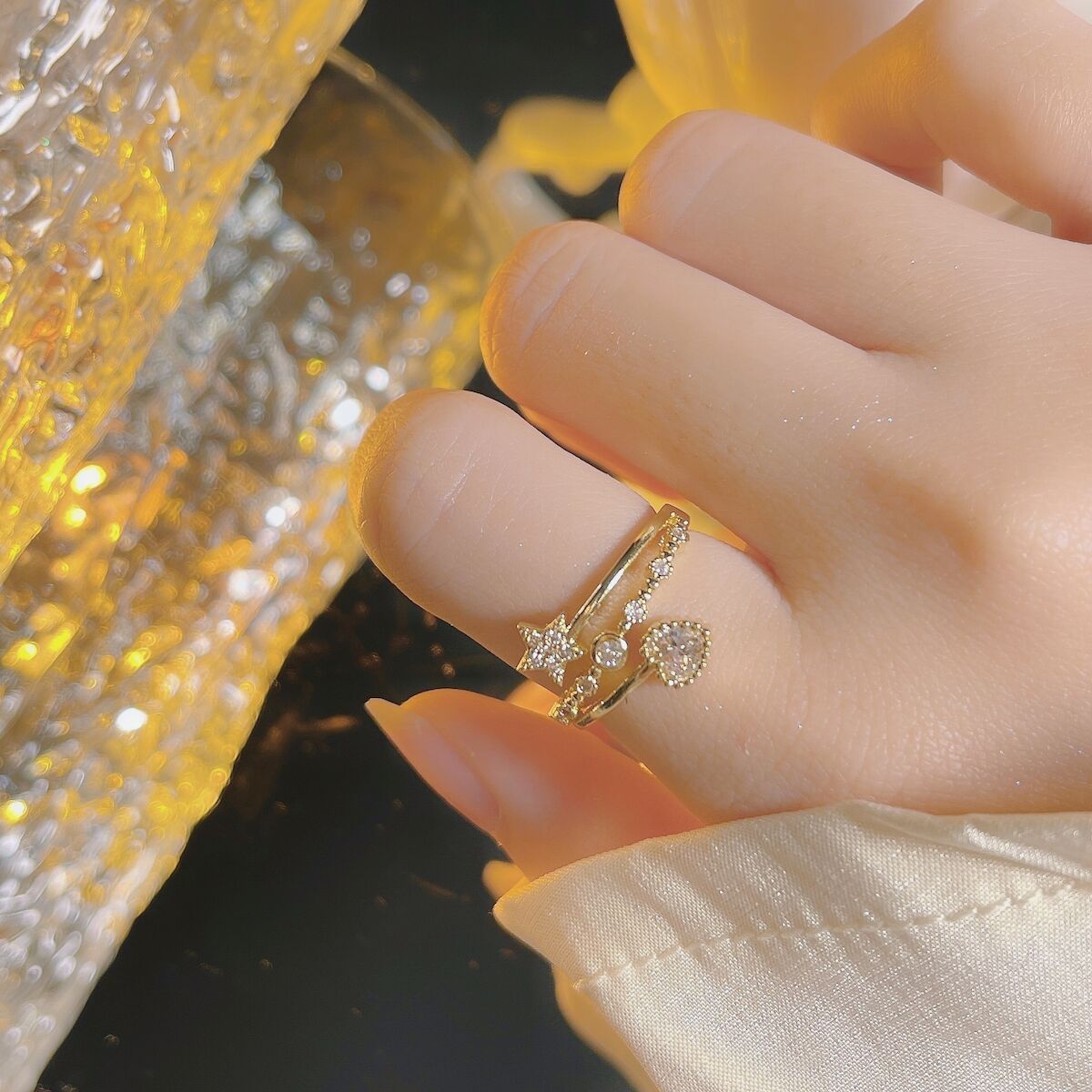 2pc Heart & Star Ring For Women, Fashion Light Luxury, Niche Unique INS Style, Trendy Open High-End Index Finger Ring