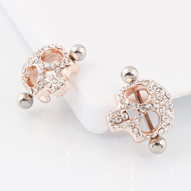 Anti-Allergy Medical Stainless Steel Rod Human Body Piercing Golden Skull Rhinestone Nipple Ring