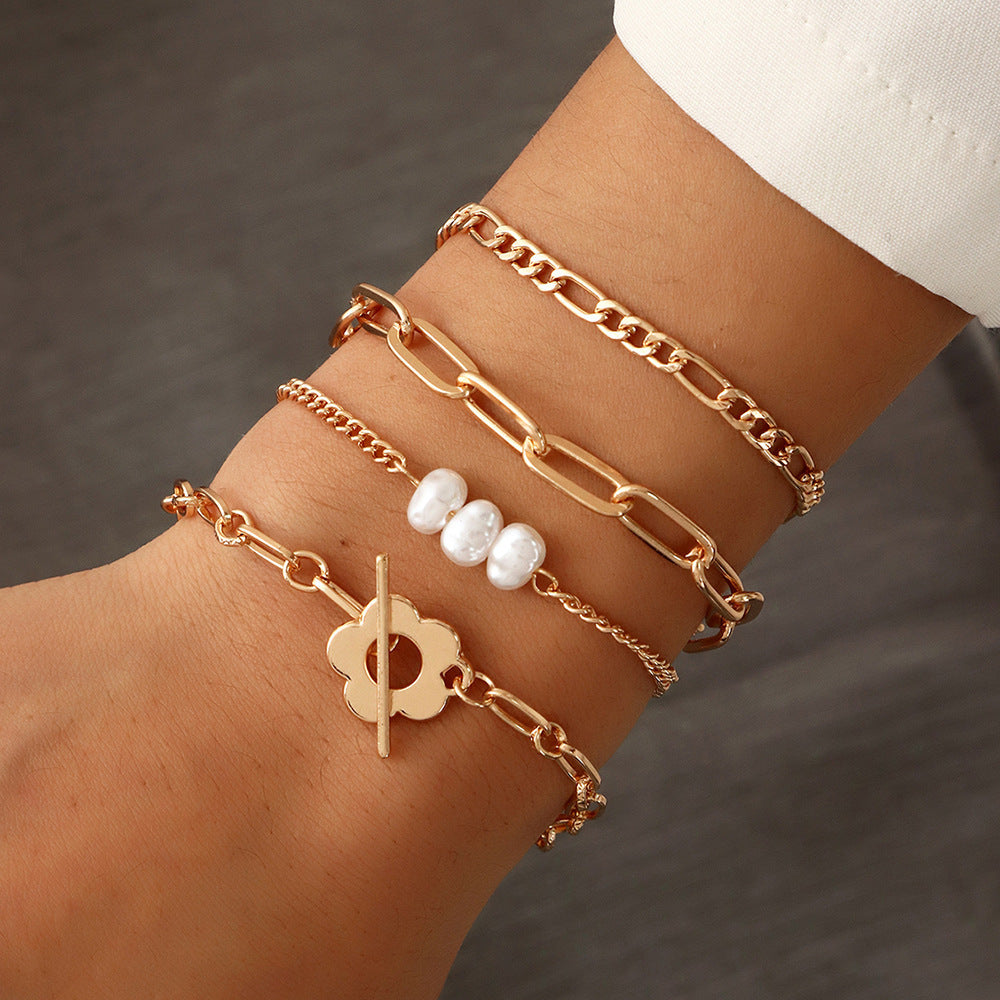 4-Piece Minimalist Geometric Bracelet Set For Women With Flower Design